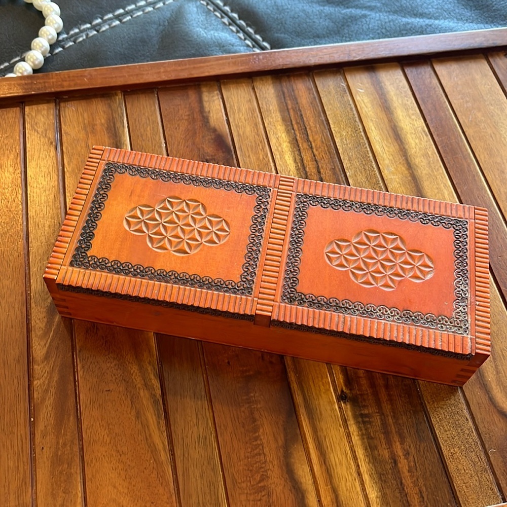 Intricate wood jewelry/trinket box. Stamped​